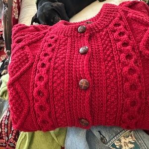 Red Cable-Knit Button Cardigan Sweater - hand knit